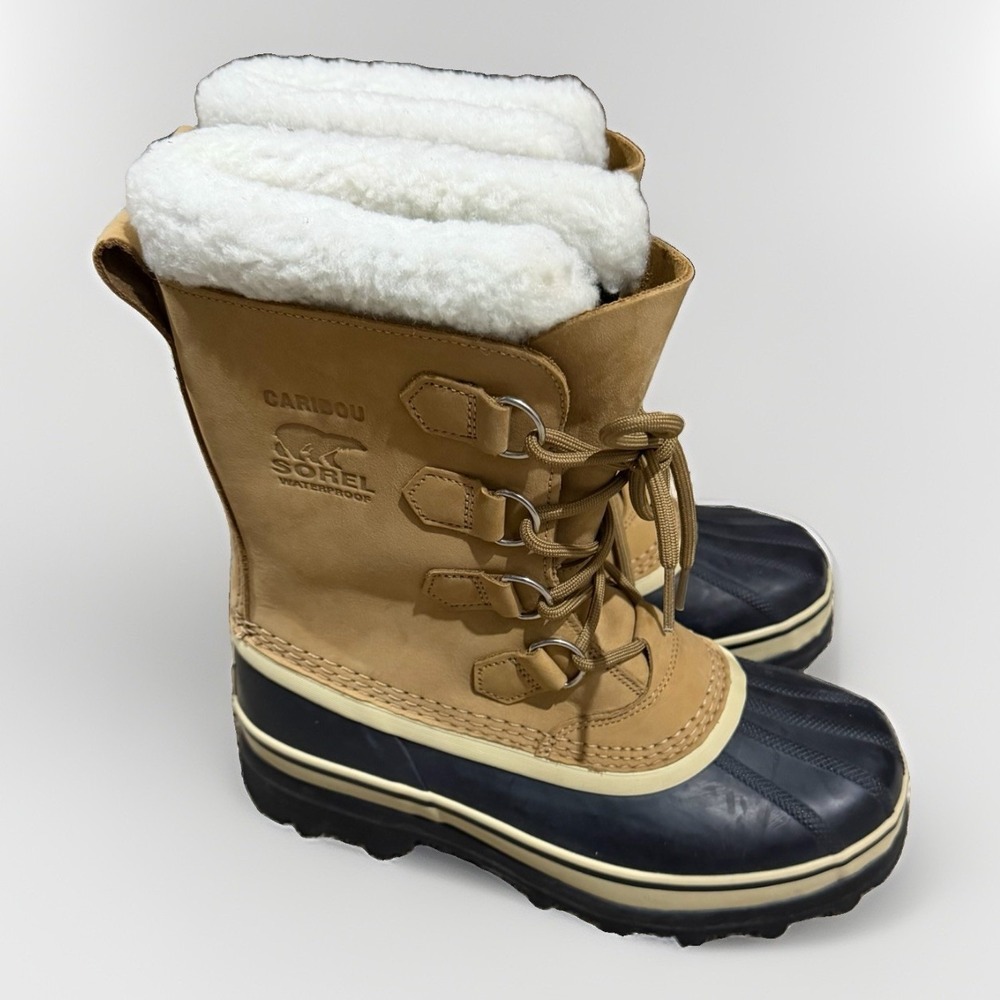Sorel Caribou Waterproof Snow Boots Womens 8 Buff Tan Black Winter